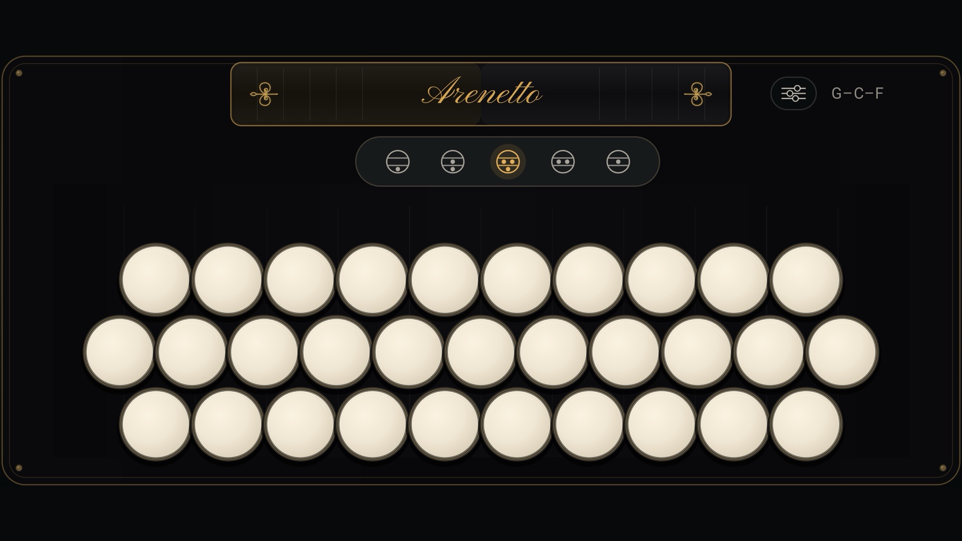 Arenetto's three-row accordion interface with 31 pearl buttons and the Master register selected