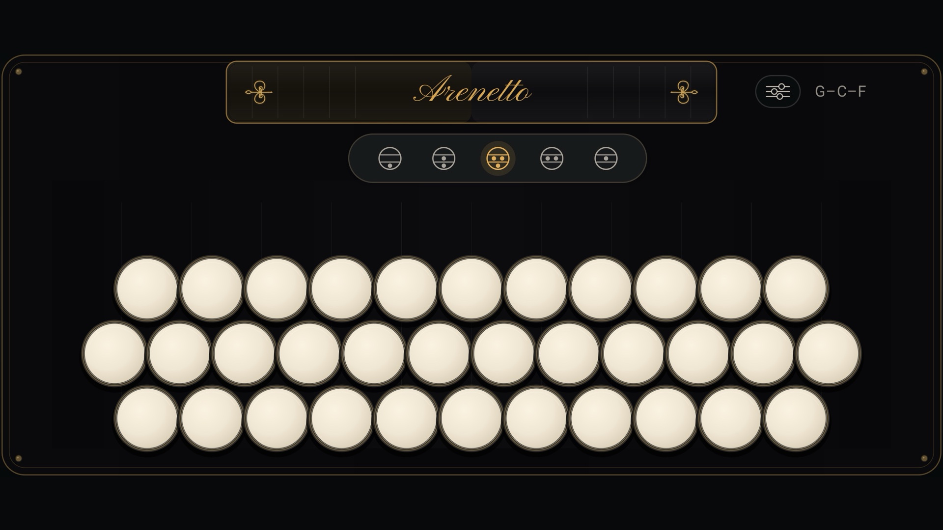 Interfaz de Arenetto con 34 botones y el registro Master seleccionado