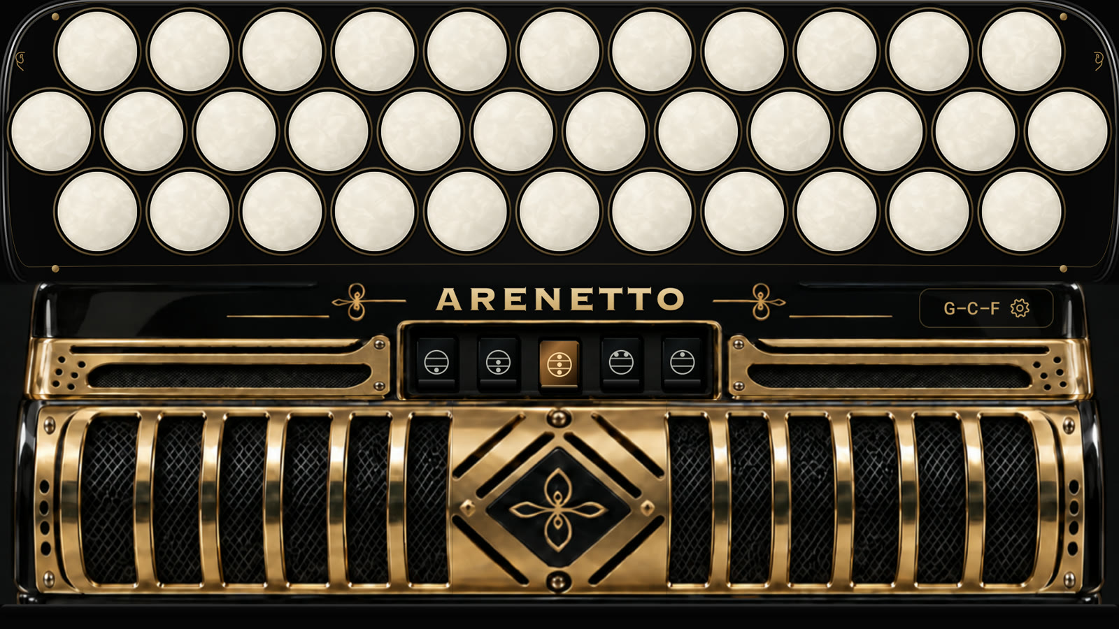 The Arenetto accordion with pearl buttons, gold grille and five Norteño registers