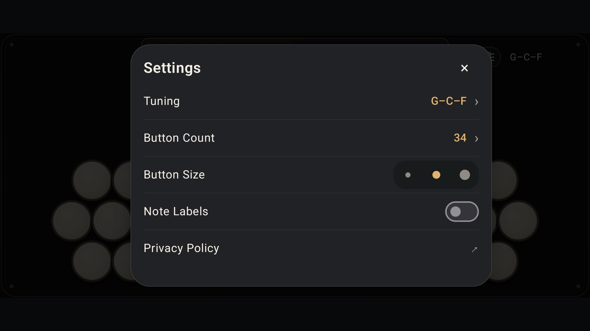 Configuración de Arenetto con opciones de afinación, cantidad y tamaño de botones, y nombres de notas