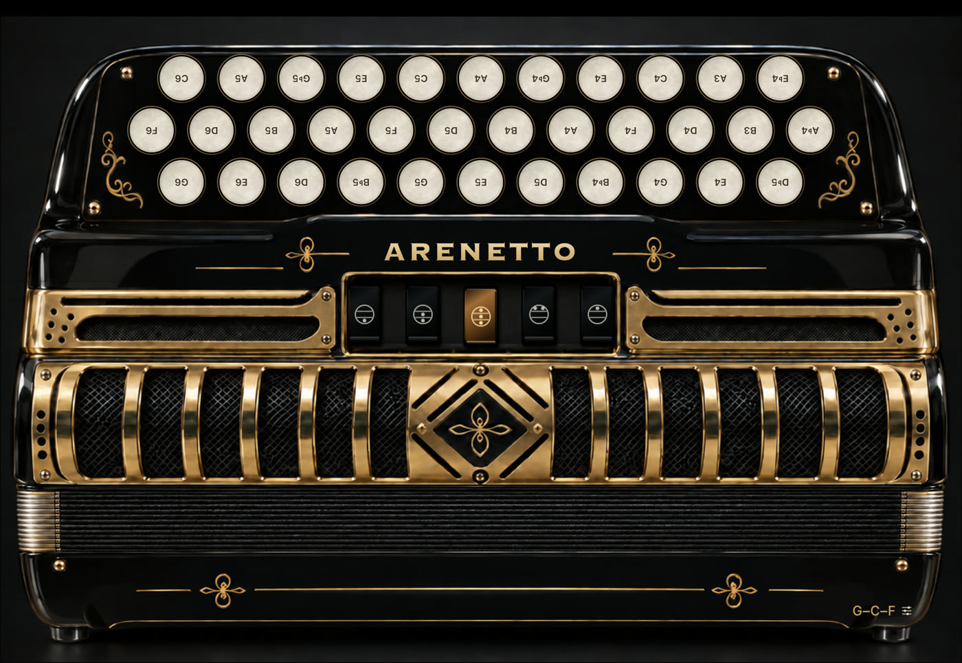 Arenetto on iPad, with a larger keyboard surface and the full black-and-gold cabinet